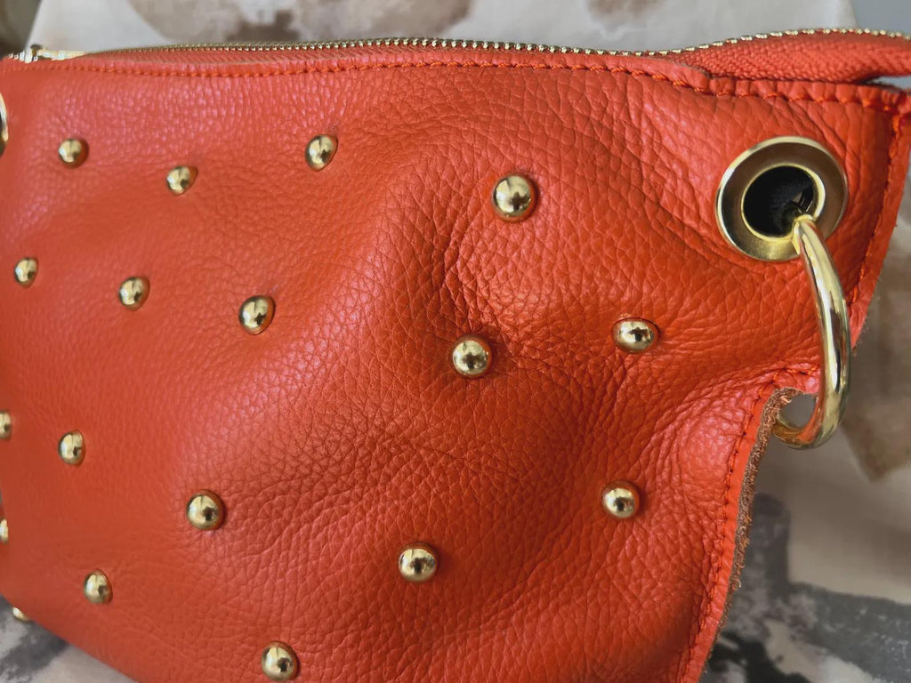 Studded Crossbody Bag | Genuine Leather Statement Bag with Gold Details | Zipped Shoulder Bag | Colourful Everyday Bag | Top Mill