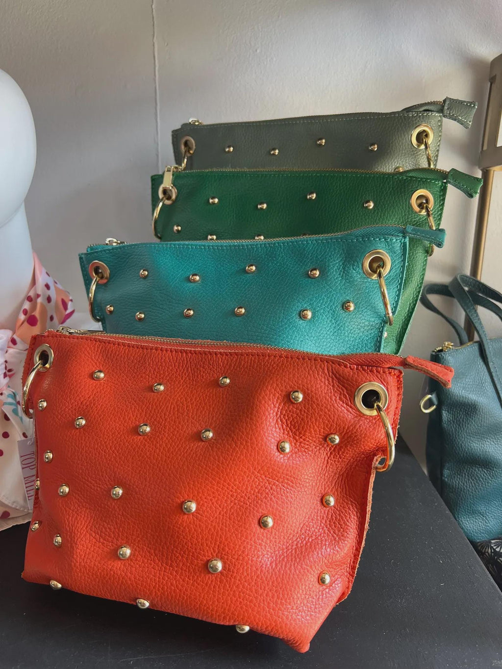 Studded Crossbody Bag | Genuine Leather Statement Bag with Gold Details | Zipped Shoulder Bag | Colourful Everyday Bag | Top Mill