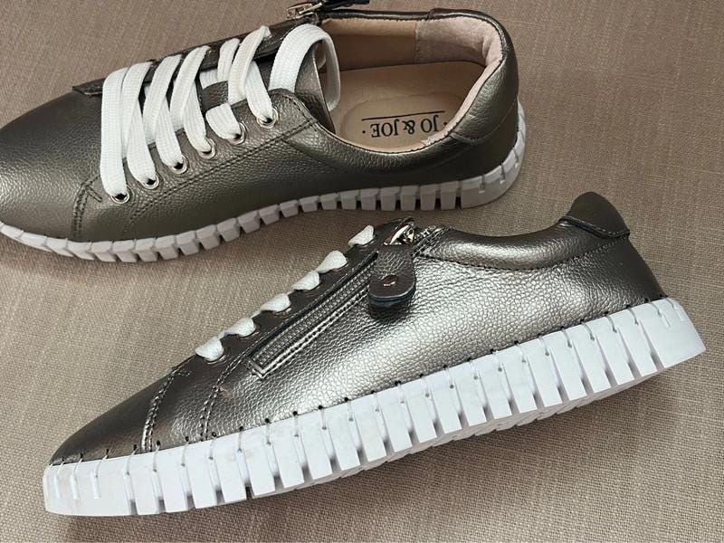 JO & JOE Genuine Leather Metallic Gold Trainers – Zip-Up Lace Shoes – Sizes 4–8