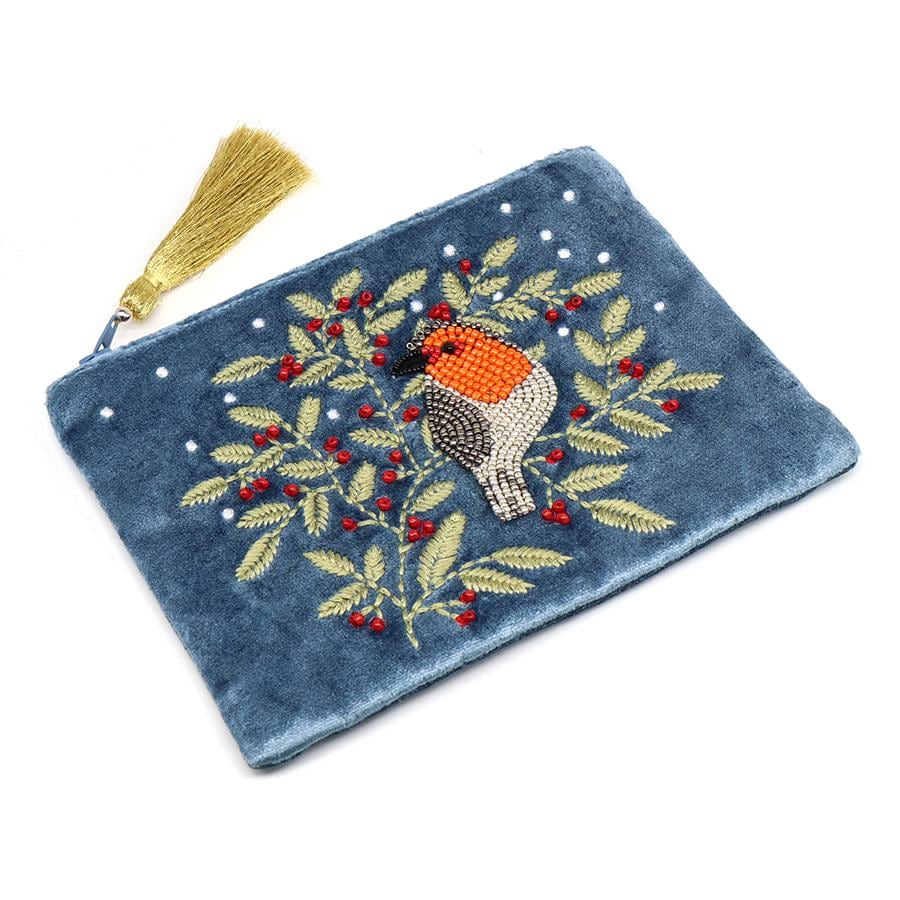 Blue Velvet Robin Zip Purse – Beaded Robin & Embroidered Holly with Gold Tassel – Winter Gift Pouch