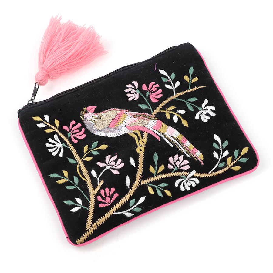 Black Velvet Tropical Bird Embroidered Zip Purse – Pink Tassel – Exotic Jungle Design – Gift