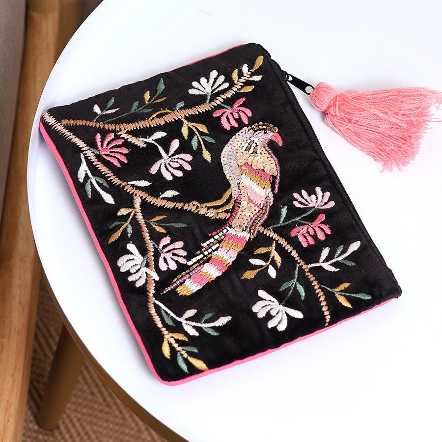 Black Velvet Tropical Bird Embroidered Zip Purse – Pink Tassel – Exotic Jungle Design – Gift