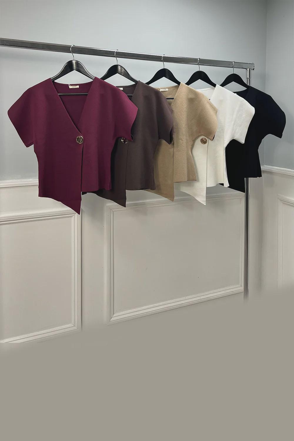 V-Neck Short Sleeve Knit Top with Gold Button | One Size