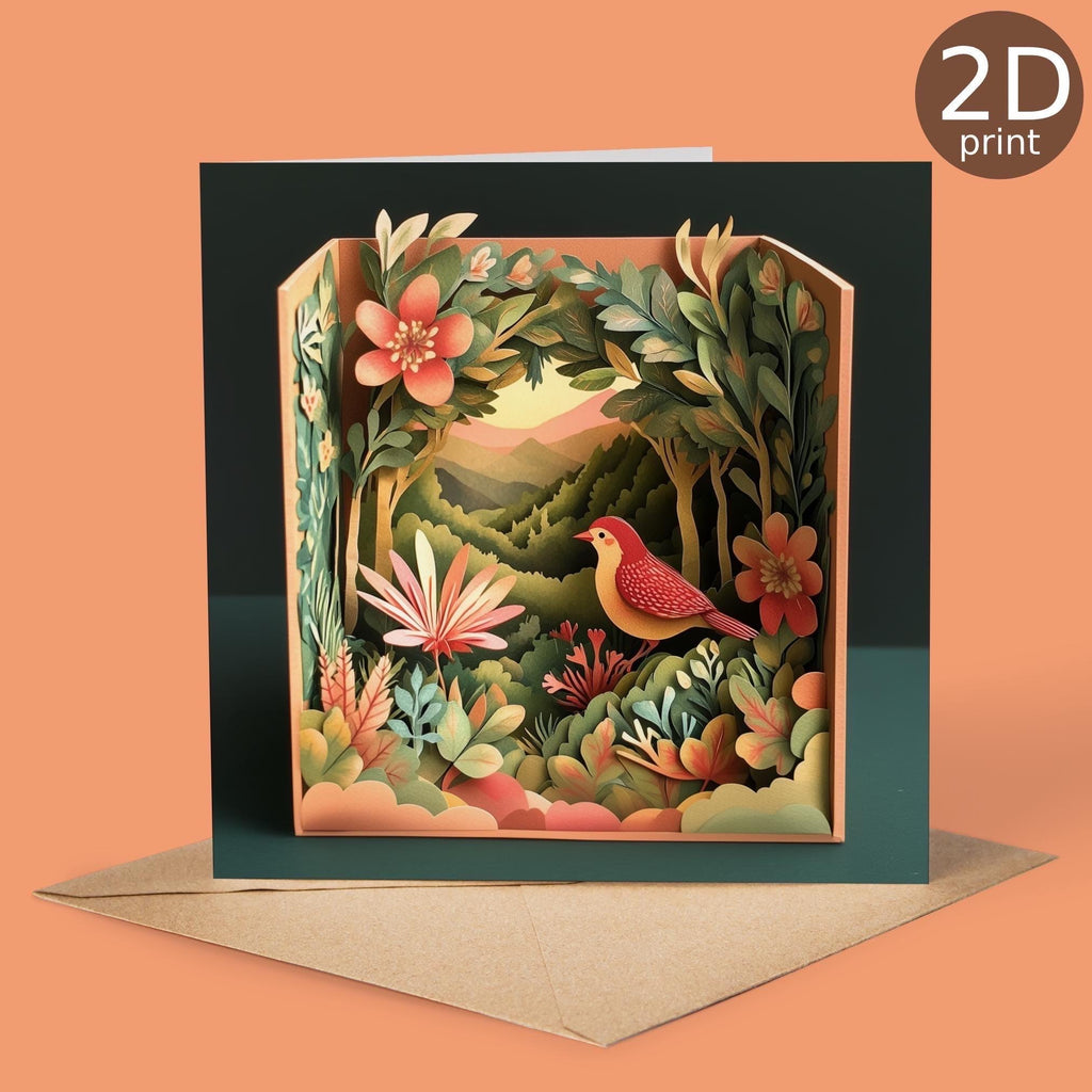 Bird in Sunrise Landscape 2D Printed Card. blank cards.