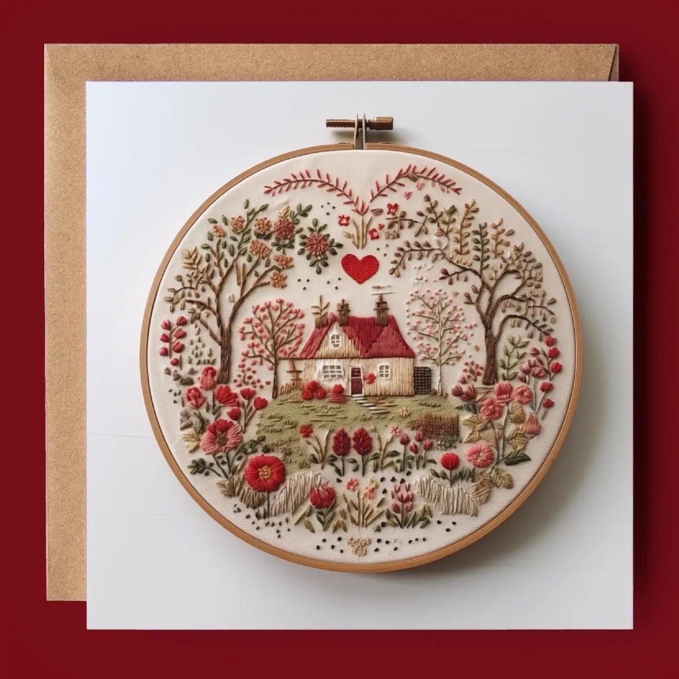 Embroidered Folk Cottage 2D Printed Card