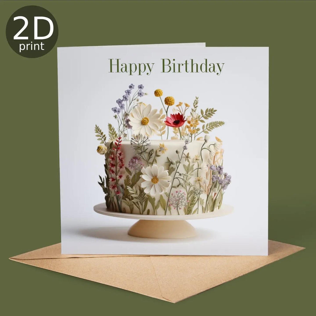 Happy Birthday Garden Flower Cake 2D Printed Card