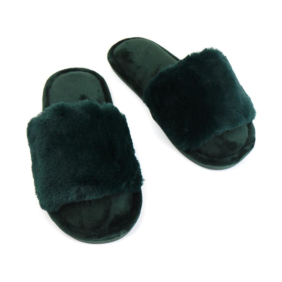 Ladies Dark Green Faux Fur Slippers