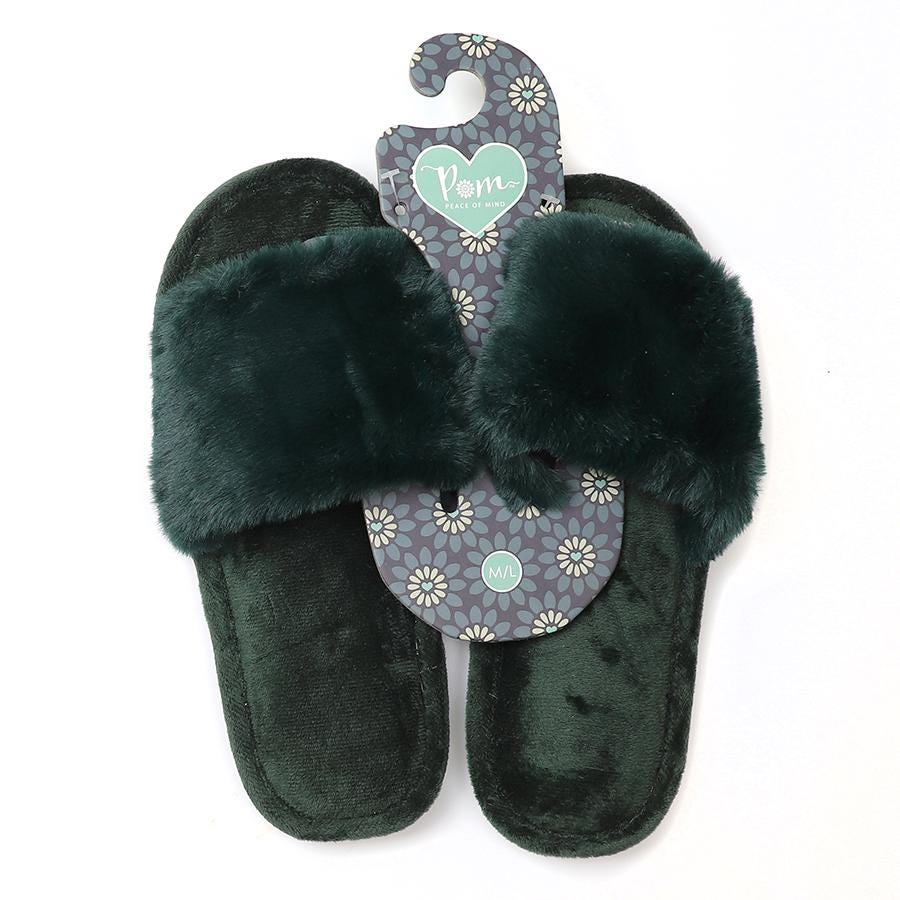 Ladies Dark Green Faux Fur Slippers