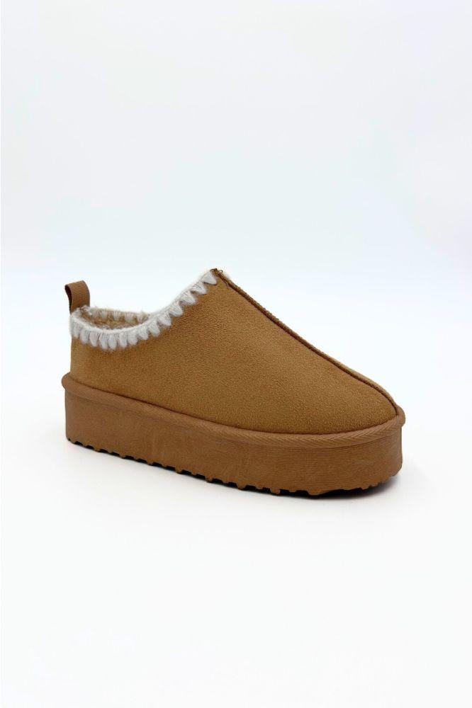 Ladies Chestnut Faux Fur Lined Platform Slippers | Cozy Whip Stitch Design