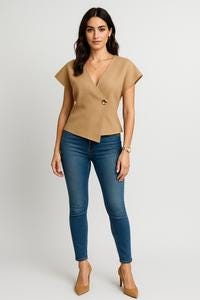 V-Neck Short Sleeve Knit Top with Gold Button | One Size