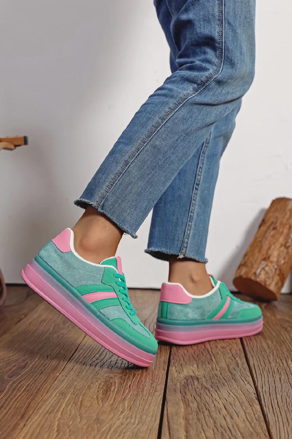 Women's Lace Up Chunky Side Detail Casual Fashion Designer Trainers in Blue & Pink