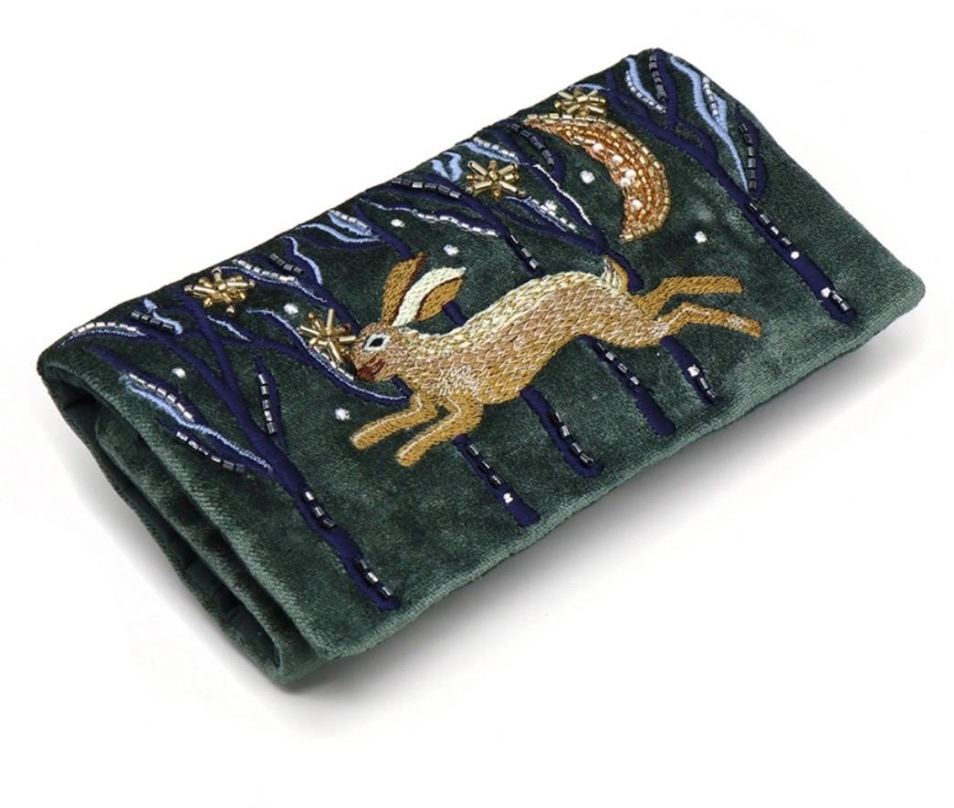 Midnight green leaping hare jewellery roll