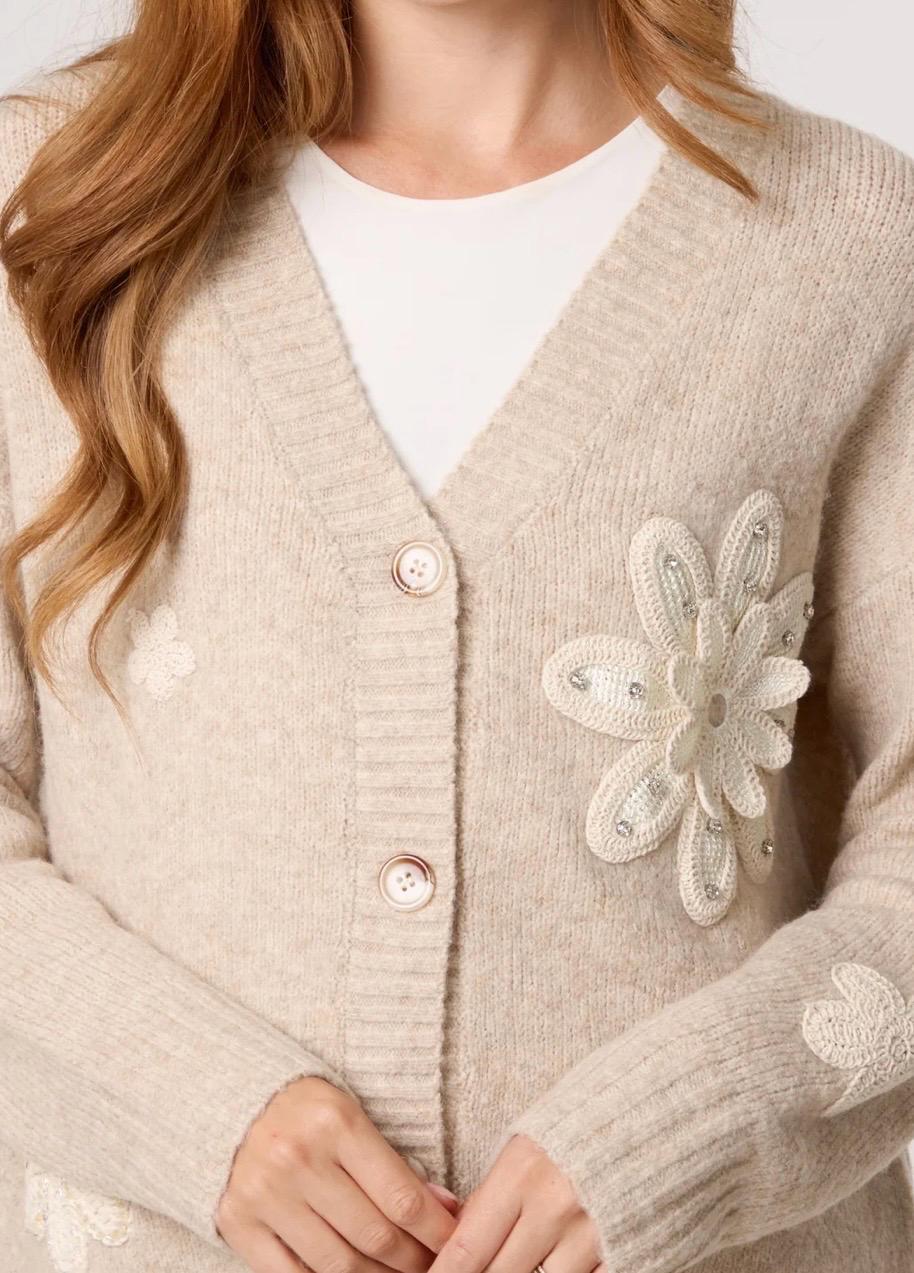 Crochet embellished flower knit cardigan