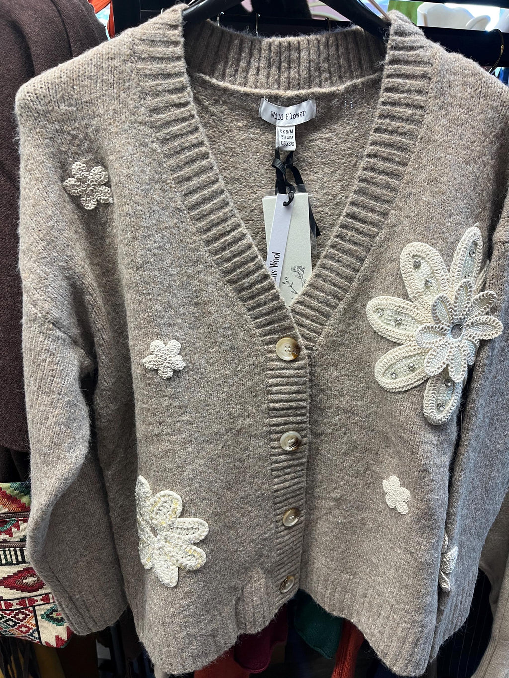 Crochet embellished flower knit cardigan