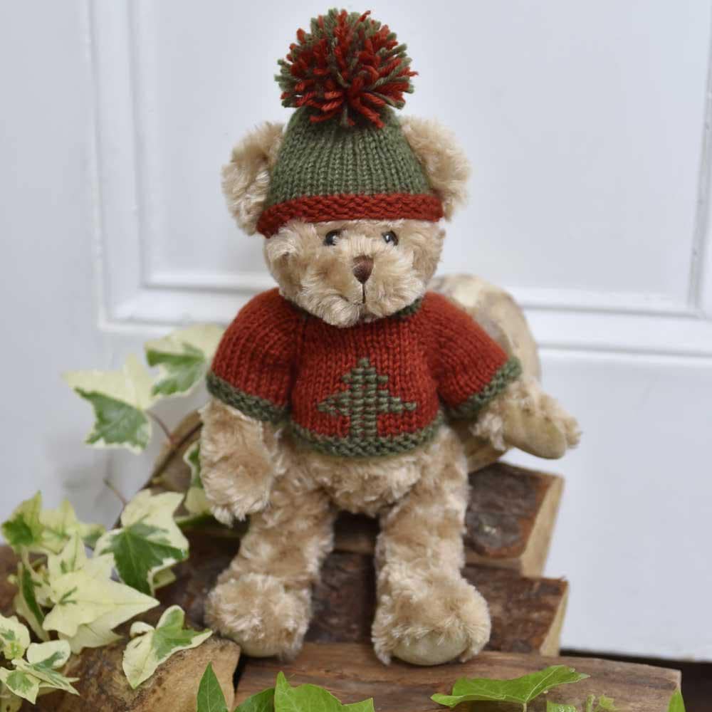 Teddy Wearing Red And Green Hand Knitted Jumper And Cosy Knitted Hat
