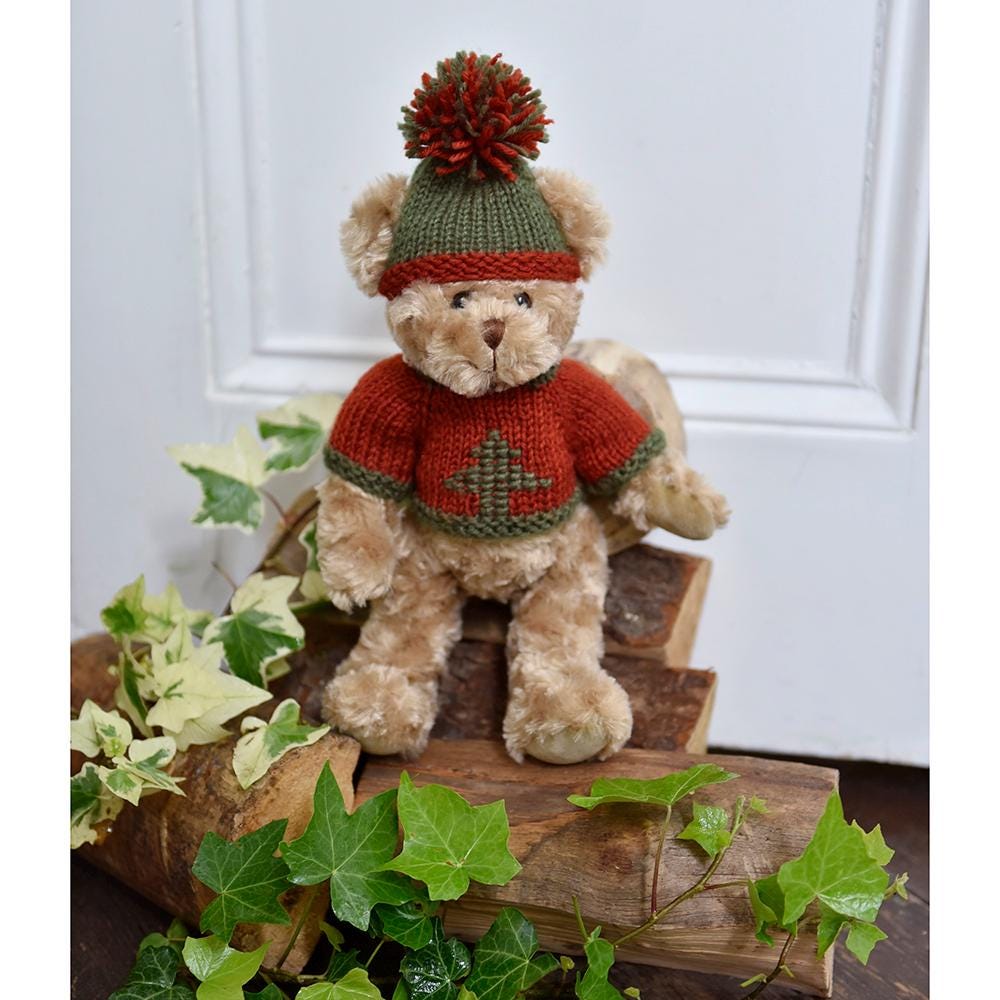 Teddy Wearing Red And Green Hand Knitted Jumper And Cosy Knitted Hat