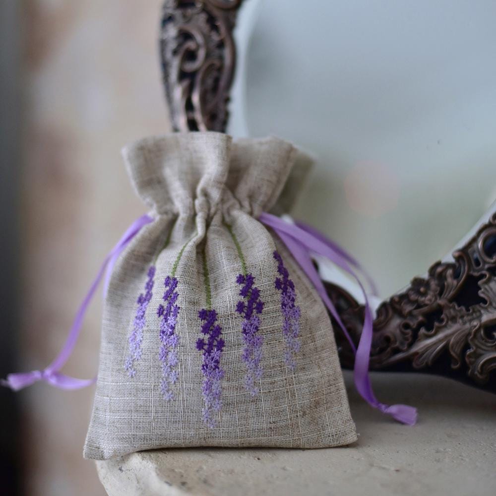 Raw Linen Lavender Embroidered Filled Sachet