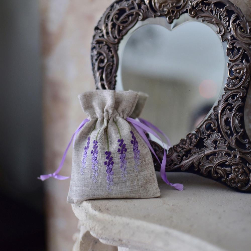 Raw Linen Lavender Embroidered Filled Sachet