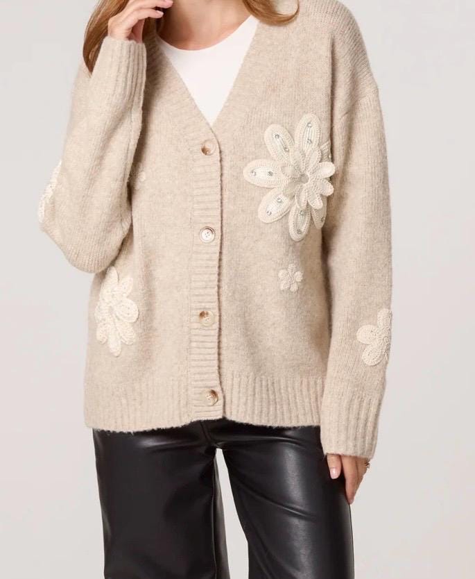 Crochet embellished flower knit cardigan