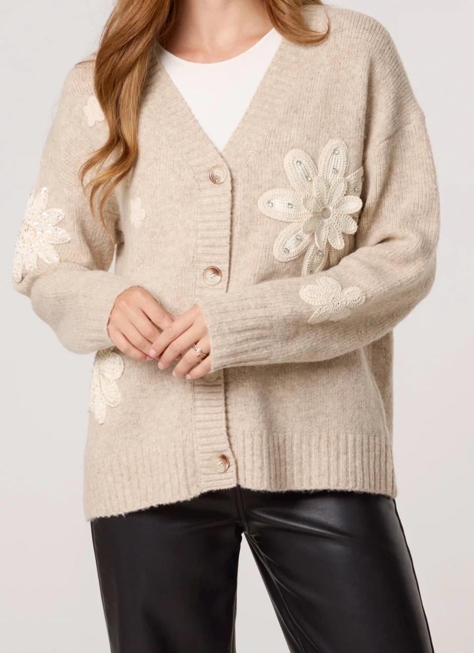 Crochet embellished flower knit cardigan