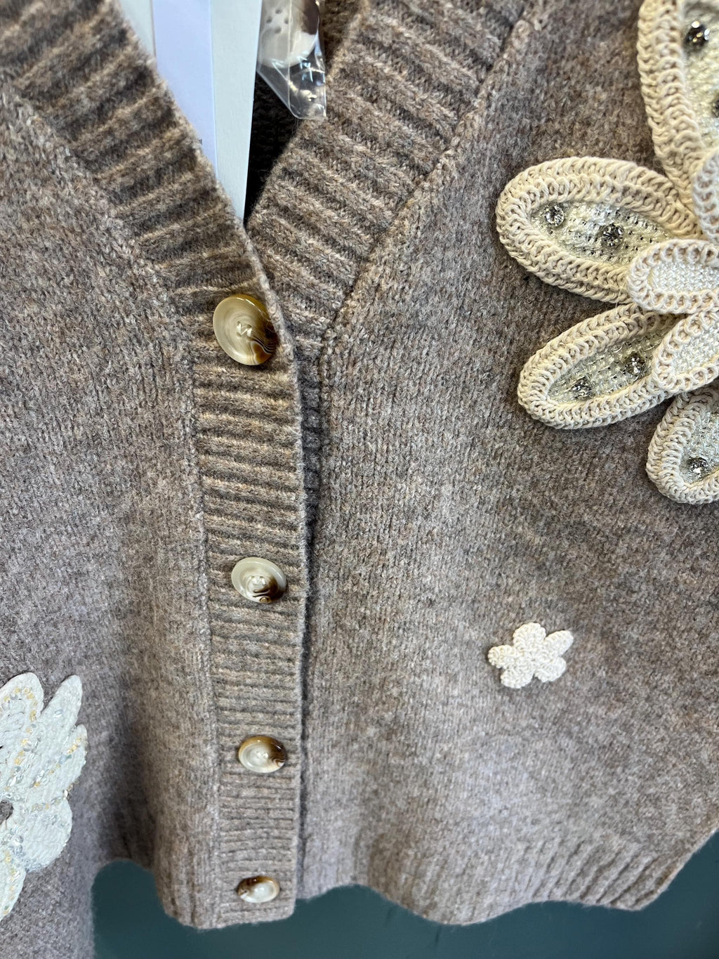 Crochet embellished flower knit cardigan