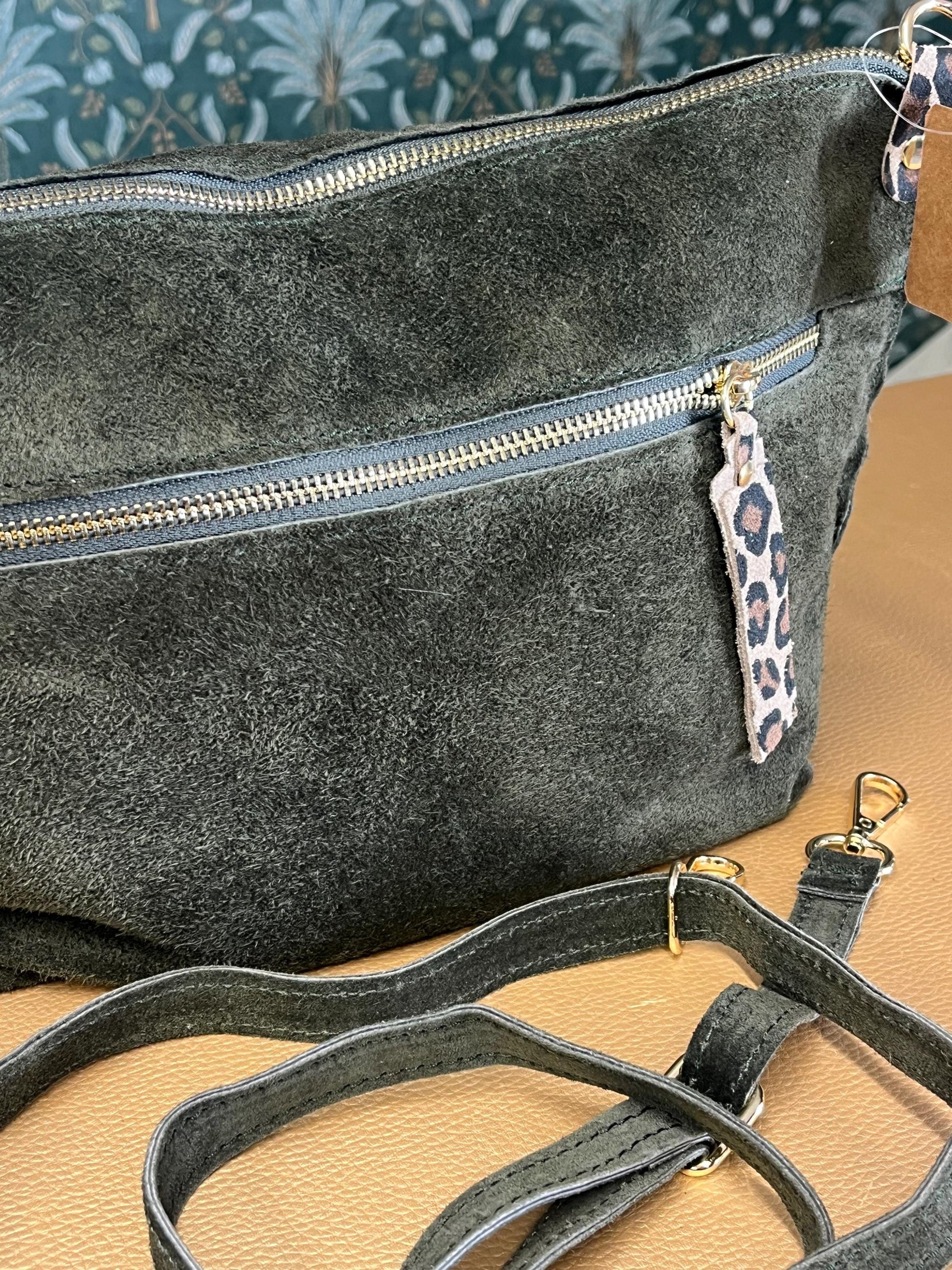 Genuine suede bag bottle green