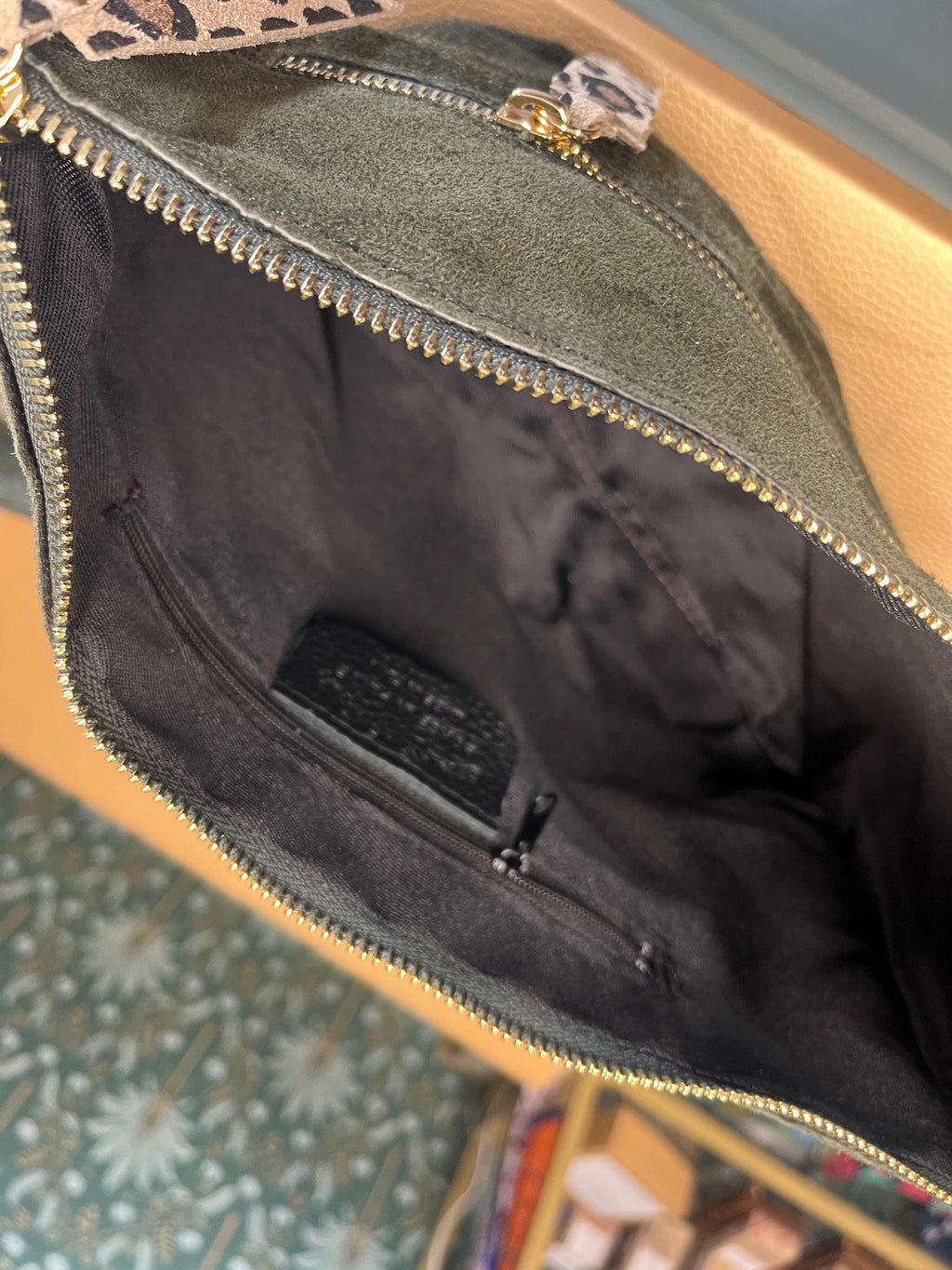 Genuine suede bag bottle green